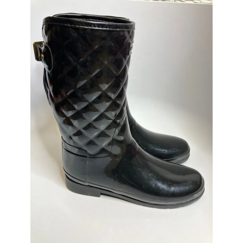 Hunter refined high gloss quilted mid calf rain‎ boots black women's size 11